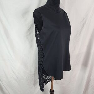 TORN by Ronny Kobo Size Large Black Sleeveless Crochet Back Droptail Knit Top‎